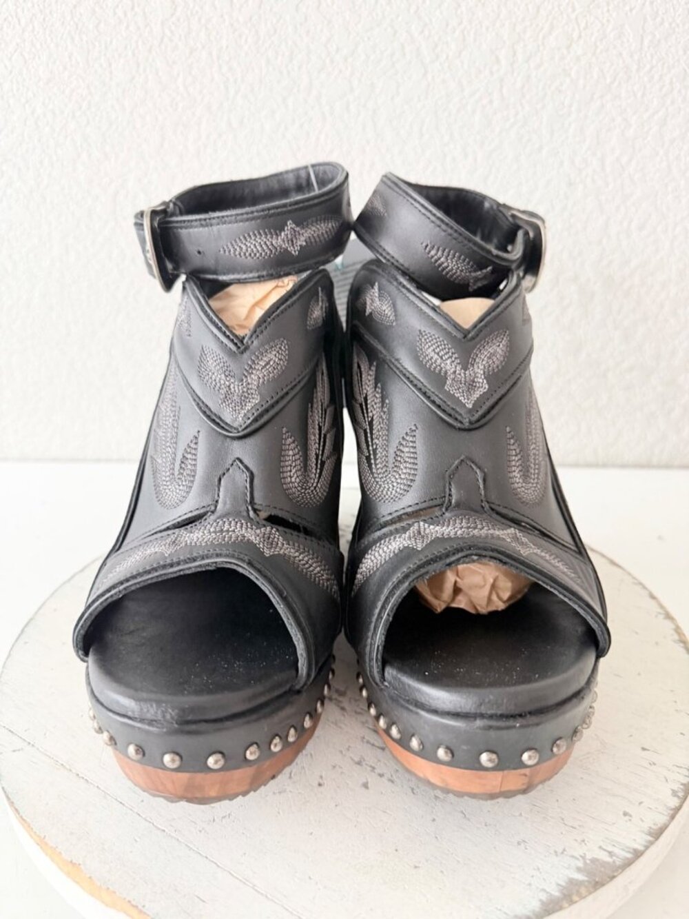 Lane Boots Lexington Jet Black Leather Western Wedge Sandals Wood Heel Womens 11 - Picture 6 of 12
